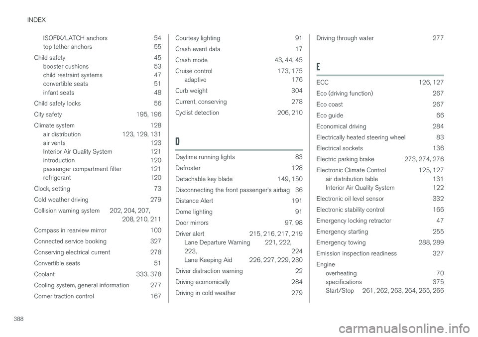 VOLVO S60 2017  Owner´s Manual INDEX
388ISOFIX/LATCH anchors 54 
top tether anchors 55
Child safety 45 booster cushions 53
child restraint systems 47
convertible seats 51
infant seats 48
Child safety locks 56 
City safety 195, 196

