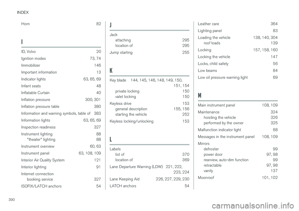 VOLVO S60 2017 Owner´s Manual INDEX
390Horn
82
I
ID, Volvo 20
Ignition modes 73, 74
Immobilizer 146
Important information 13
Indicator lights 63, 65, 69
Infant seats 48
Inflatable Curtain 40
Inflation pressure 300, 301
Inflation VOLVO S60 2017 Owner´s Manual INDEX
390Horn
82
I
ID, Volvo 20
Ignition modes 73, 74
Immobilizer 146
Important information 13
Indicator lights 63, 65, 69
Infant seats 48
Inflatable Curtain 40
Inflation pressure 300, 301
Inflation