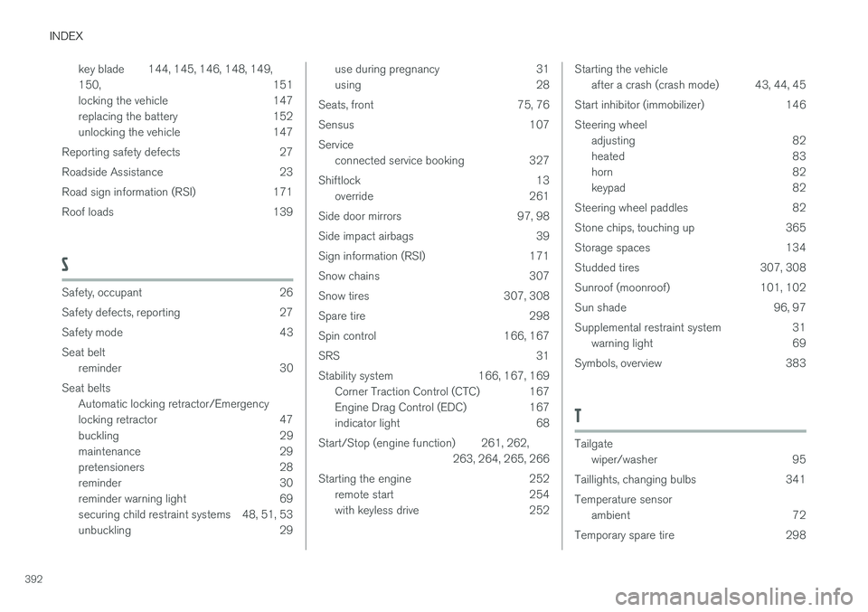 VOLVO S60 2017 Owner´s Manual INDEX
392key blade 144, 145, 146, 148, 149, 150
, 151
locking the vehicle 147
replacing the battery 152
unlocking the vehicle 147
Reporting safety defects 27
Roadside Assistance 23
Road sign informa VOLVO S60 2017 Owner´s Manual INDEX
392key blade 144, 145, 146, 148, 149, 150
, 151
locking the vehicle 147
replacing the battery 152
unlocking the vehicle 147
Reporting safety defects 27
Roadside Assistance 23
Road sign informa