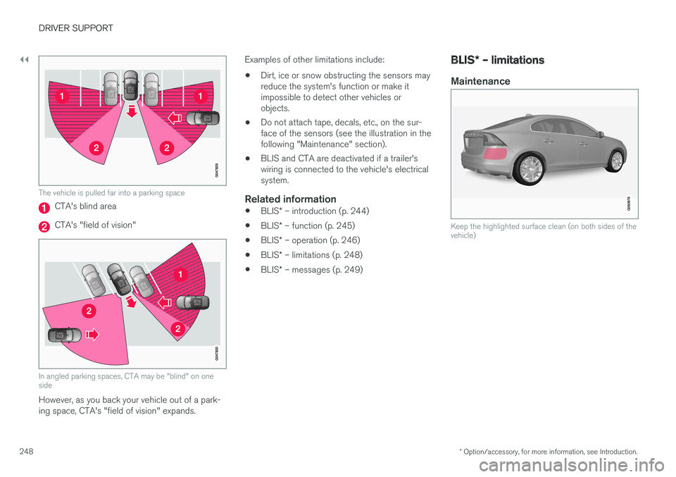 VOLVO S60 CROSS COUNTRY 2017  Owner´s Manual ||
DRIVER SUPPORT
* Option/accessory, for more information, see Introduction.
248
The vehicle is pulled far into a parking space
CTA's blind area
CTA's "field of vision"
In angled park