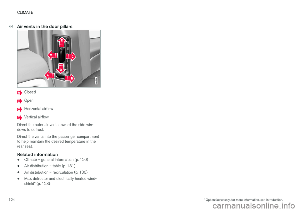 VOLVO S60 INSCRIPTION 2017 Owner´s Manual ||
CLIMATE
* Option/accessory, for more information, see Introduction.
124
Air vents in the door pillars
Closed
Open
Horizontal airflow
Vertical airflow
Direct the outer air vents toward the side win- VOLVO S60 INSCRIPTION 2017 Owner´s Manual ||
CLIMATE
* Option/accessory, for more information, see Introduction.
124
Air vents in the door pillars
Closed
Open
Horizontal airflow
Vertical airflow
Direct the outer air vents toward the side win-