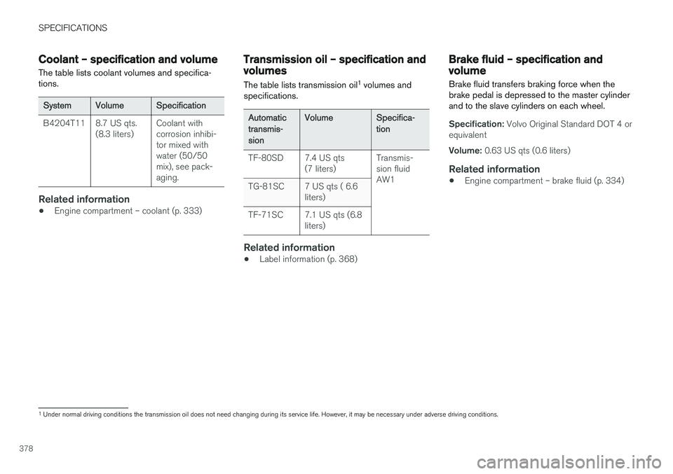 VOLVO S60 INSCRIPTION 2017 Owner´s Manual SPECIFICATIONS
378
Coolant – specification and volume The table lists coolant volumes and specifica- tions.
SystemVolumeSpecification
B4204T118.7 US qts. (8.3 liters)Coolant with corrosion inhibi-to VOLVO S60 INSCRIPTION 2017 Owner´s Manual SPECIFICATIONS
378
Coolant – specification and volume The table lists coolant volumes and specifica- tions.
SystemVolumeSpecification
B4204T118.7 US qts. (8.3 liters)Coolant with corrosion inhibi-to