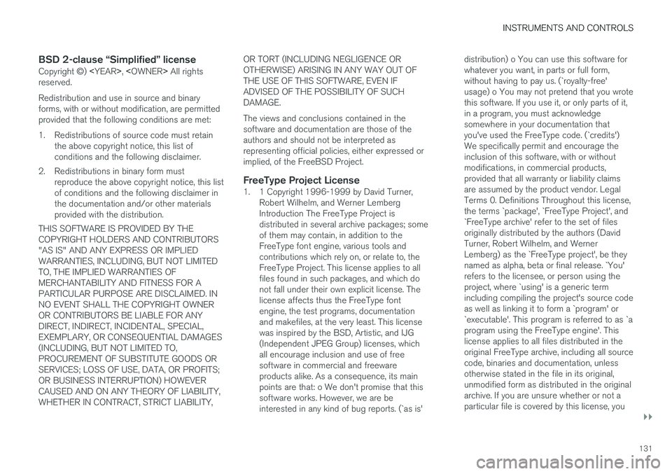 VOLVO S90 2017 Owner´s Manual INSTRUMENTS AND CONTROLS
}}
131
BSD 2-clause “Simplified” license
Copyright ©) <YEAR >, < OWNER > All rights
reserved. Redistribution and use in source and binary forms, with or without modificat VOLVO S90 2017 Owner´s Manual INSTRUMENTS AND CONTROLS
}}
131
BSD 2-clause “Simplified” license
Copyright ©) <YEAR >, < OWNER > All rights
reserved. Redistribution and use in source and binary forms, with or without modificat