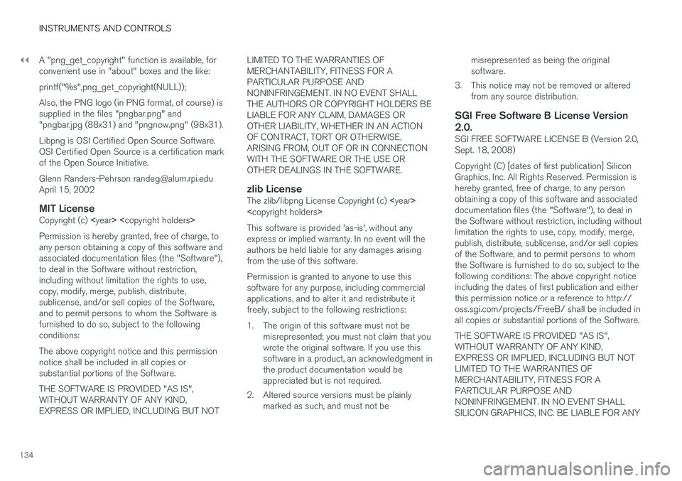 VOLVO S90 2017 Owner´s Manual ||
INSTRUMENTS AND CONTROLS
134A "png_get_copyright" function is available, for convenient use in "about" boxes and the like: printf("%s",png_get_copyright(NULL));Also, the PNG VOLVO S90 2017 Owner´s Manual ||
INSTRUMENTS AND CONTROLS
134A "png_get_copyright" function is available, for convenient use in "about" boxes and the like: printf("%s",png_get_copyright(NULL));Also, the PNG