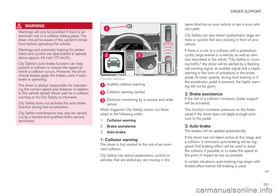 VOLVO S90 2017 Owner´s Manual DRIVER SUPPORT
}}
297
WARNING
Warnings will only be provided if there is an imminent risk of a collision taking place. Thedriver should be aware of the system's limita-tions before operating the v VOLVO S90 2017 Owner´s Manual DRIVER SUPPORT
}}
297
WARNING
Warnings will only be provided if there is an imminent risk of a collision taking place. Thedriver should be aware of the system's limita-tions before operating the v