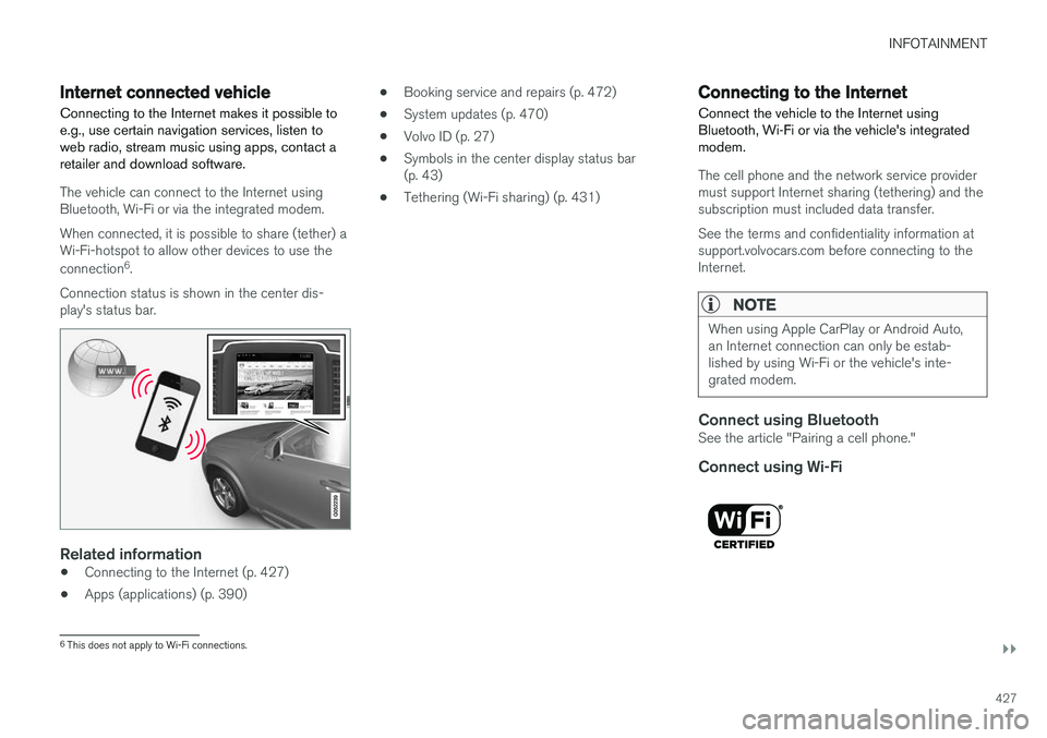 VOLVO S90 2017  Owner´s Manual INFOTAINMENT
}}
427
Internet connected vehicle
Connecting to the Internet makes it possible to e.g., use certain navigation services, listen toweb radio, stream music using apps, contact aretailer and