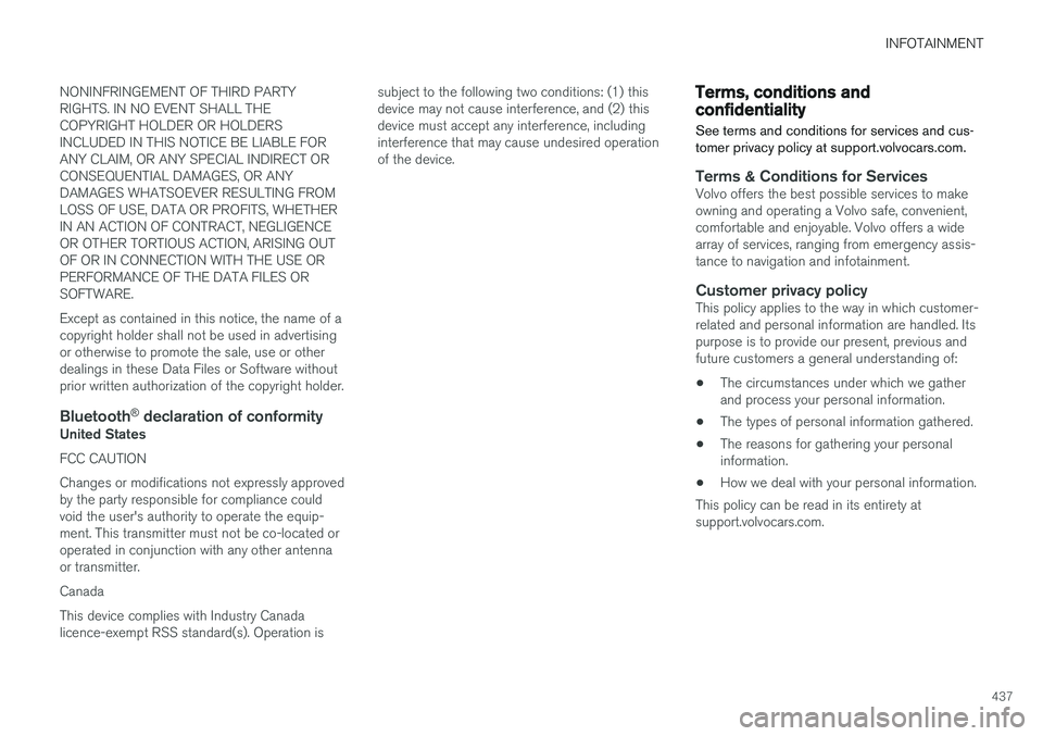 VOLVO S90 2017 Owner´s Manual INFOTAINMENT
437
NONINFRINGEMENT OF THIRD PARTY RIGHTS. IN NO EVENT SHALL THECOPYRIGHT HOLDER OR HOLDERSINCLUDED IN THIS NOTICE BE LIABLE FORANY CLAIM, OR ANY SPECIAL INDIRECT ORCONSEQUENTIAL DAMAGES, VOLVO S90 2017 Owner´s Manual INFOTAINMENT
437
NONINFRINGEMENT OF THIRD PARTY RIGHTS. IN NO EVENT SHALL THECOPYRIGHT HOLDER OR HOLDERSINCLUDED IN THIS NOTICE BE LIABLE FORANY CLAIM, OR ANY SPECIAL INDIRECT ORCONSEQUENTIAL DAMAGES,