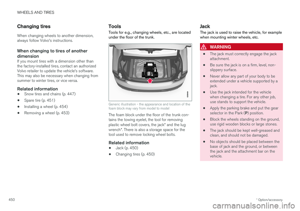 VOLVO S90 2017 Owner´s Manual WHEELS AND TIRES
* Option/accessory.
450
Changing tires
When changing wheels to another dimension, always follow Volvo's instructions.
When changing to tires of another
dimension
If you mount tire VOLVO S90 2017 Owner´s Manual WHEELS AND TIRES
* Option/accessory.
450
Changing tires
When changing wheels to another dimension, always follow Volvo's instructions.
When changing to tires of another
dimension
If you mount tire