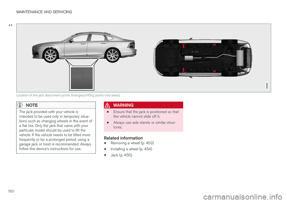 VOLVO S90 2017 Owner´s Manual ||
MAINTENANCE AND SERVICING
502
Location of the jack attachment points (triangles)/lifting points (red areas)
NOTE
The jack provided with your vehicle is intended to be used only in temporary situa-t VOLVO S90 2017 Owner´s Manual ||
MAINTENANCE AND SERVICING
502
Location of the jack attachment points (triangles)/lifting points (red areas)
NOTE
The jack provided with your vehicle is intended to be used only in temporary situa-t