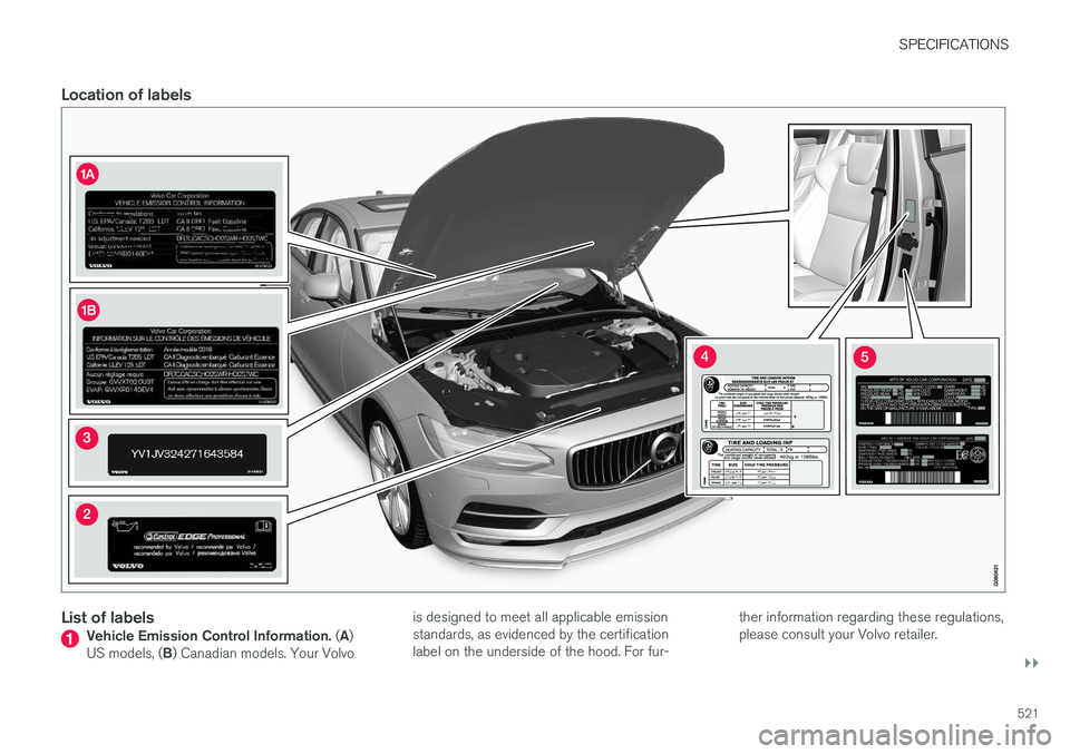 VOLVO S90 2017  Owner´s Manual SPECIFICATIONS
}}
521
Location of labels
List of labelsVehicle Emission Control Information. (A )
US models, ( B) Canadian models. Your Volvo is designed to meet all applicable emission standards, as 