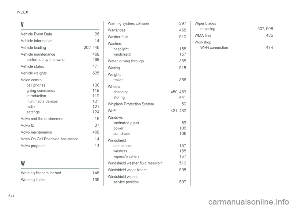 VOLVO S90 2017 Owner´s Manual INDEX
544
V
Vehicle Event Data 26
Vehicle information 14
Vehicle loading 202, 446
Vehicle maintenance 468performed by the owner 468
Vehicle status 471
Vehicle weights 525Voice control cell phones 120 VOLVO S90 2017 Owner´s Manual INDEX
544
V
Vehicle Event Data 26
Vehicle information 14
Vehicle loading 202, 446
Vehicle maintenance 468performed by the owner 468
Vehicle status 471
Vehicle weights 525Voice control cell phones 120