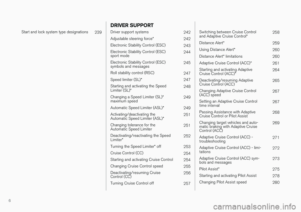 VOLVO S90 2017  Owner´s Manual 6
 
Start and lock system type designations239
DRIVER SUPPORT
Driver support systems242
Adjustable steering force *
242
Electronic Stability Control (ESC) 243
Electronic Stability Control (ESC) sport 