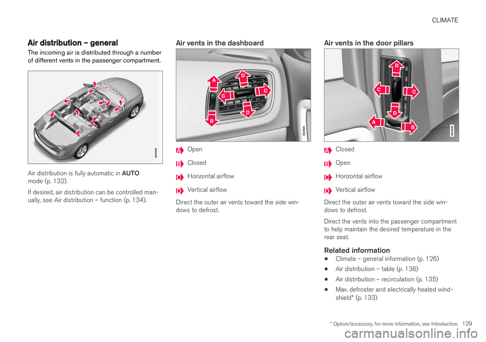 VOLVO V60 2017 Owner´s Manual CLIMATE
* Option/accessory, for more information, see Introduction.129
Air distribution – general
The incoming air is distributed through a number of different vents in the passenger compartment.
Ai VOLVO V60 2017 Owner´s Manual CLIMATE
* Option/accessory, for more information, see Introduction.129
Air distribution – general
The incoming air is distributed through a number of different vents in the passenger compartment.
Ai