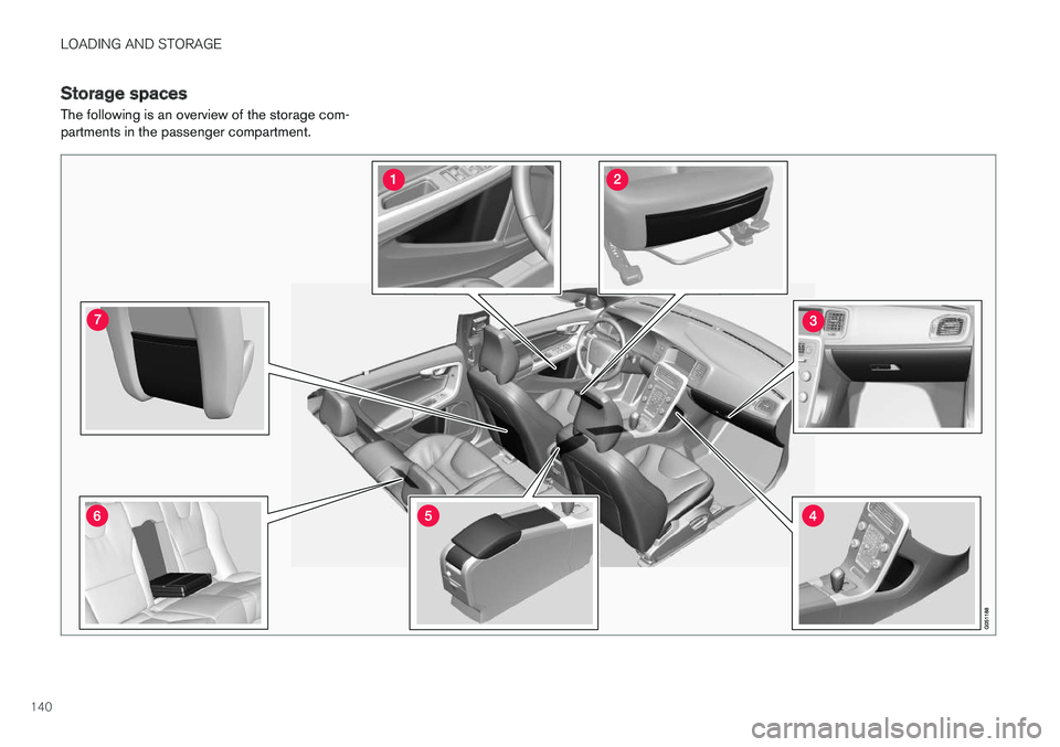 VOLVO V60 2017 Owner´s Manual LOADING AND STORAGE
140
Storage spaces
The following is an overview of the storage com- partments in the passenger compartment. VOLVO V60 2017 Owner´s Manual LOADING AND STORAGE
140
Storage spaces
The following is an overview of the storage com- partments in the passenger compartment.