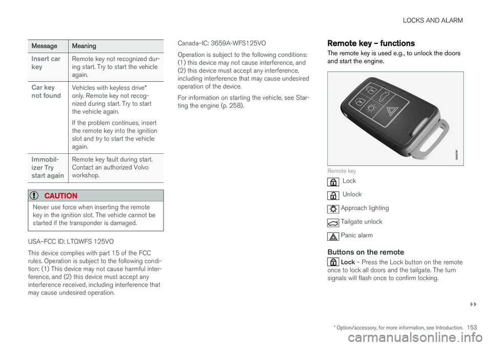 VOLVO V60 2017 Owner´s Manual LOCKS AND ALARM
}}
* Option/accessory, for more information, see Introduction.153
MessageMeaning
Insert car keyRemote key not recognized dur- ing start. Try to start the vehicleagain.
Car key not foun VOLVO V60 2017 Owner´s Manual LOCKS AND ALARM
}}
* Option/accessory, for more information, see Introduction.153
MessageMeaning
Insert car keyRemote key not recognized dur- ing start. Try to start the vehicleagain.
Car key not foun