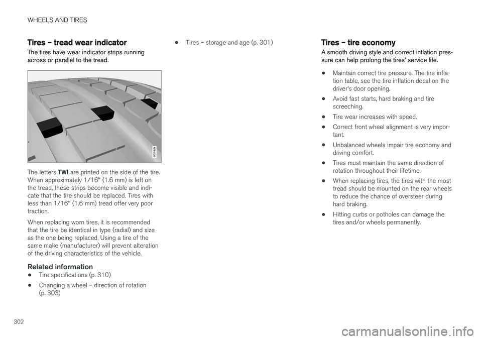 VOLVO V60 2017 Owner´s Manual WHEELS AND TIRES
302
Tires – tread wear indicator The tires have wear indicator strips running across or parallel to the tread.
G021829
The letters TWI are printed on the side of the tire.
When appr VOLVO V60 2017 Owner´s Manual WHEELS AND TIRES
302
Tires – tread wear indicator The tires have wear indicator strips running across or parallel to the tread.
G021829
The letters TWI are printed on the side of the tire.
When appr