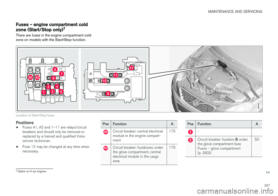 VOLVO V60 2017 Owner´s Manual MAINTENANCE AND SERVICING
}}
367
Fuses – engine compartment cold zone (Start/Stop only)7
There are fuses in the engine compartment cold zone on models with the Start/Stop function.
Location of Start VOLVO V60 2017 Owner´s Manual MAINTENANCE AND SERVICING
}}
367
Fuses – engine compartment cold zone (Start/Stop only)7
There are fuses in the engine compartment cold zone on models with the Start/Stop function.
Location of Start