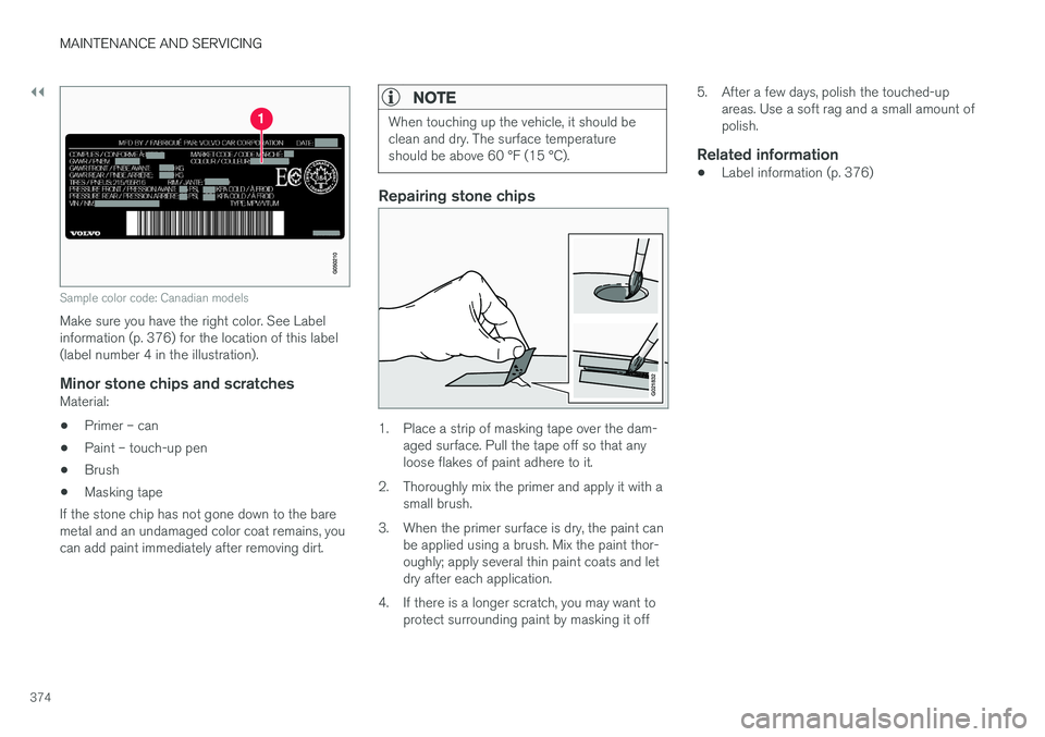 VOLVO V60 2017 Owner´s Manual ||
MAINTENANCE AND SERVICING
374
Sample color code: Canadian models
Make sure you have the right color. See Label information (p. 376) for the location of this label(label number 4 in the illustration VOLVO V60 2017 Owner´s Manual ||
MAINTENANCE AND SERVICING
374
Sample color code: Canadian models
Make sure you have the right color. See Label information (p. 376) for the location of this label(label number 4 in the illustration