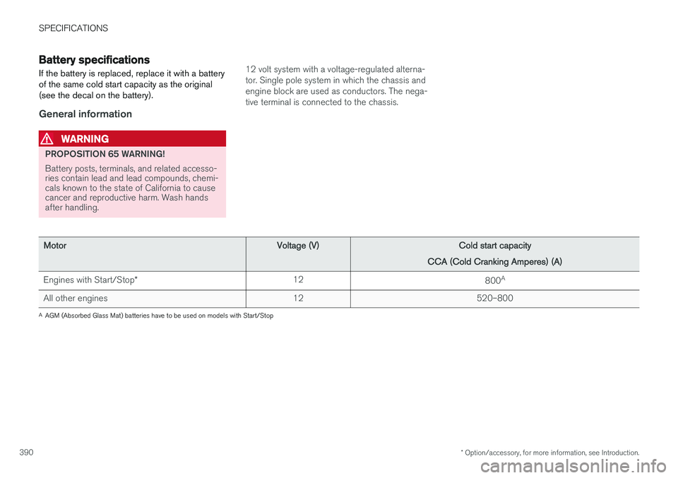 VOLVO V60 2017 Owner´s Manual SPECIFICATIONS
* Option/accessory, for more information, see Introduction.
390
Battery specifications If the battery is replaced, replace it with a battery of the same cold start capacity as the origi VOLVO V60 2017 Owner´s Manual SPECIFICATIONS
* Option/accessory, for more information, see Introduction.
390
Battery specifications If the battery is replaced, replace it with a battery of the same cold start capacity as the origi