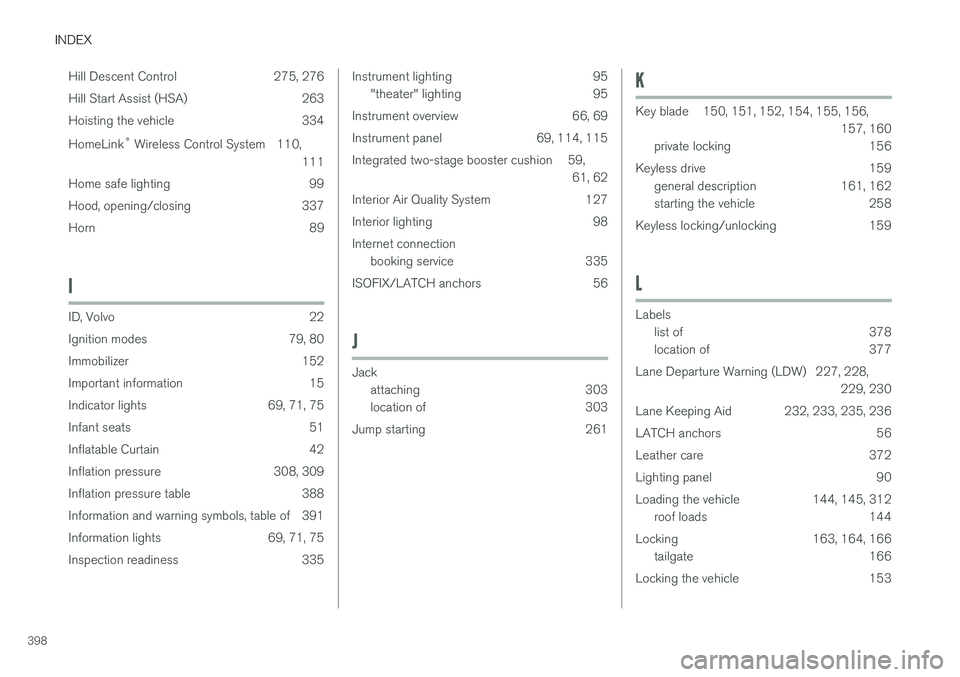 VOLVO V60 2017  Owner´s Manual INDEX
398Hill Descent Control 275, 276 
Hill Start Assist (HSA) 263
Hoisting the vehicle 334 HomeLink
®
 Wireless Control System 110,
111
Home safe lighting 99 
Hood, opening/closing 337Horn 89
I
ID,