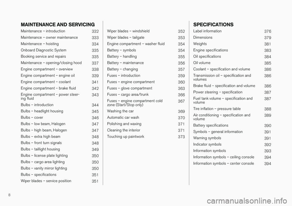 VOLVO V60 2017  Owner´s Manual 8
MAINTENANCE AND SERVICING
Maintenance – introduction332
Maintenance – owner maintenance 333
Maintenance – hoisting 334
Onboard Diagnostic System 335
Booking service and repairs  335
Maintenanc