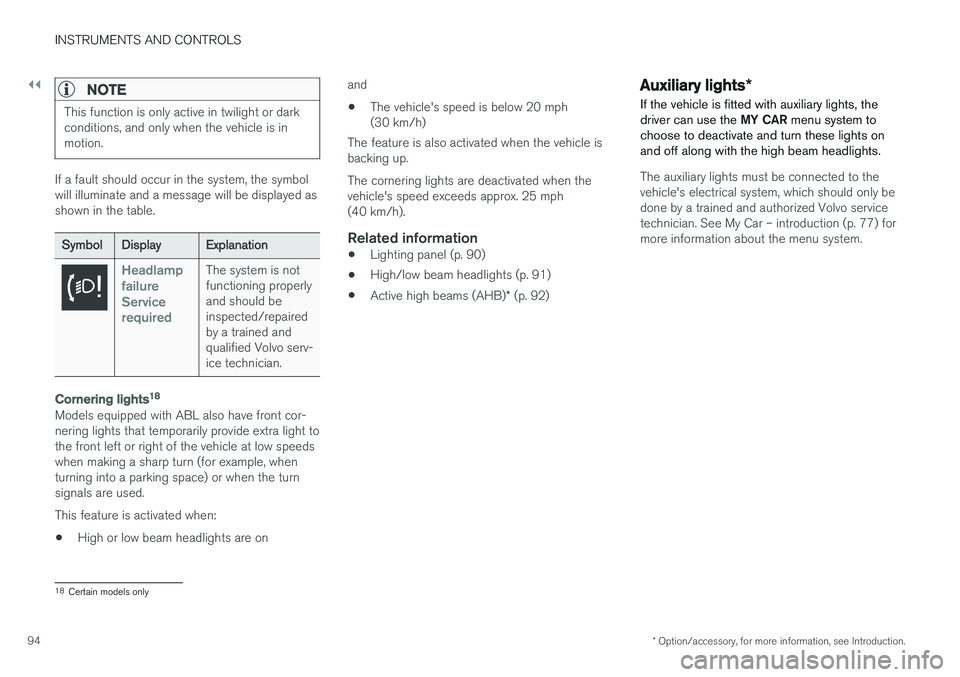 VOLVO V60 2017 Owner´s Manual ||
INSTRUMENTS AND CONTROLS
* Option/accessory, for more information, see Introduction.
94
NOTE
This function is only active in twilight or dark conditions, and only when the vehicle is inmotion.
If a VOLVO V60 2017 Owner´s Manual ||
INSTRUMENTS AND CONTROLS
* Option/accessory, for more information, see Introduction.
94
NOTE
This function is only active in twilight or dark conditions, and only when the vehicle is inmotion.
If a