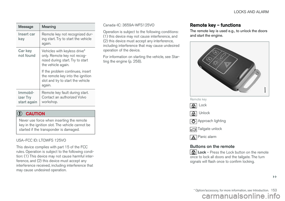 VOLVO V60 CROSS COUNTRY 2017  Owner´s Manual LOCKS AND ALARM
}}
* Option/accessory, for more information, see Introduction.153
MessageMeaning
Insert car keyRemote key not recognized dur- ing start. Try to start the vehicleagain.
Car key not foun