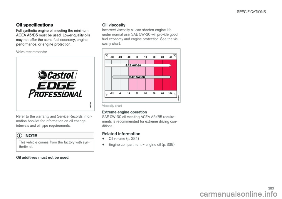 VOLVO V60 CROSS COUNTRY 2017  Owner´s Manual SPECIFICATIONS
383
Oil specifications
Full synthetic engine oil meeting the minimum 
ACEA A5/B5 must be used. Lower quality oils may not offer the same fuel economy, engineperformance, or engine prote