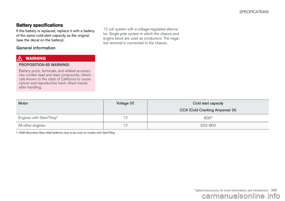 VOLVO V60 CROSS COUNTRY 2017 Owner´s Manual SPECIFICATIONS
* Option/accessory, for more information, see Introduction.389
Battery specifications If the battery is replaced, replace it with a battery of the same cold start capacity as the origin VOLVO V60 CROSS COUNTRY 2017 Owner´s Manual SPECIFICATIONS
* Option/accessory, for more information, see Introduction.389
Battery specifications If the battery is replaced, replace it with a battery of the same cold start capacity as the origin