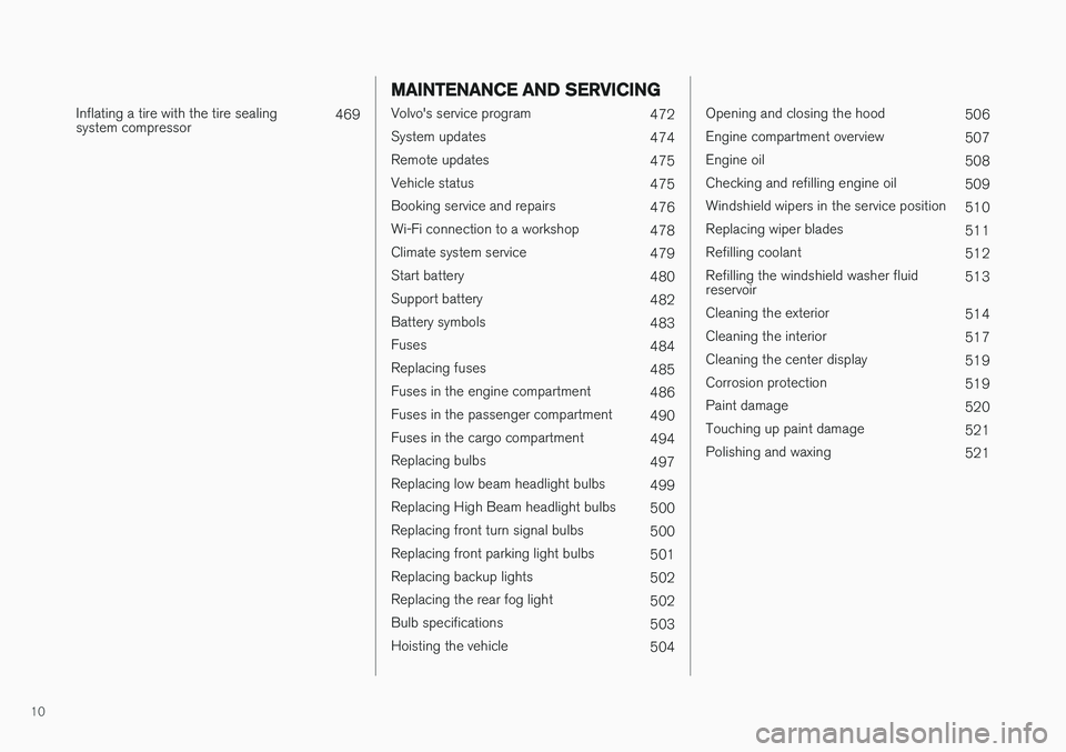 VOLVO V90 CROSS COUNTRY 2017  Owner´s Manual 10
 
Inflating a tire with the tire sealing system compressor469
MAINTENANCE AND SERVICING
Volvo's service program
472
System updates 474
Remote updates 475
Vehicle status 475
Booking service and 