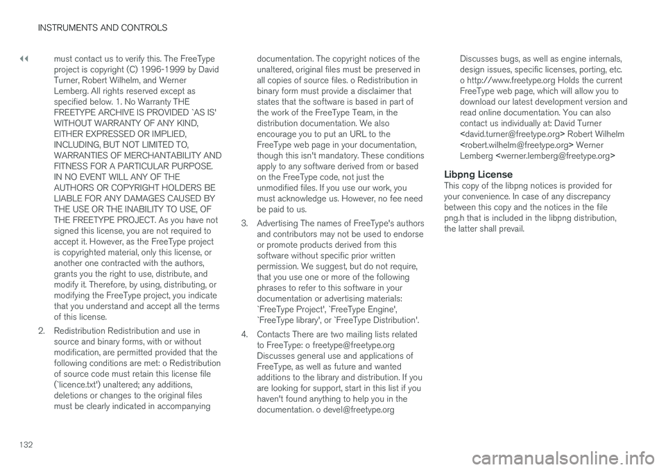 VOLVO V90 CROSS COUNTRY 2017 Owner´s Manual ||
INSTRUMENTS AND CONTROLS
132must contact us to verify this. The FreeType project is copyright (C) 1996-1999 by DavidTurner, Robert Wilhelm, and WernerLemberg. All rights reserved except asspecified VOLVO V90 CROSS COUNTRY 2017 Owner´s Manual ||
INSTRUMENTS AND CONTROLS
132must contact us to verify this. The FreeType project is copyright (C) 1996-1999 by DavidTurner, Robert Wilhelm, and WernerLemberg. All rights reserved except asspecified