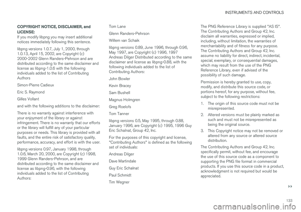 VOLVO V90 CROSS COUNTRY 2017 Owner´s Manual INSTRUMENTS AND CONTROLS
}}
133
COPYRIGHT NOTICE, DISCLAIMER, and LICENSE:
If you modify libpng you may insert additional notices immediately following this sentence. libpng versions 1.0.7, July 1, 20 VOLVO V90 CROSS COUNTRY 2017 Owner´s Manual INSTRUMENTS AND CONTROLS
}}
133
COPYRIGHT NOTICE, DISCLAIMER, and LICENSE:
If you modify libpng you may insert additional notices immediately following this sentence. libpng versions 1.0.7, July 1, 20