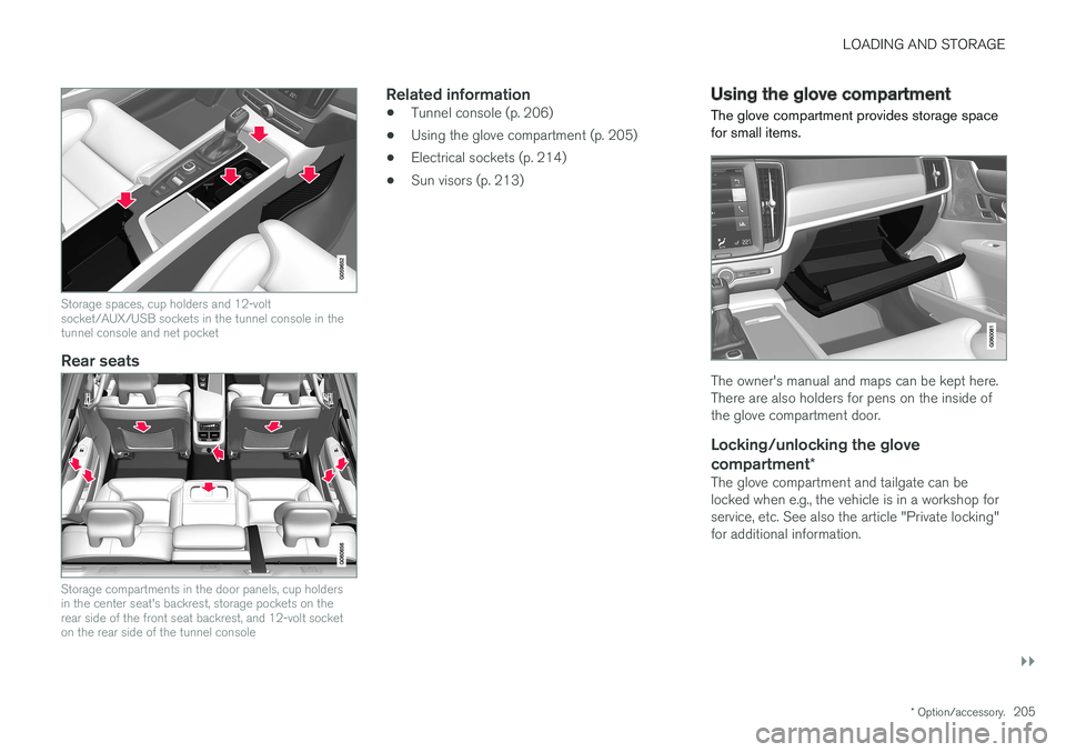 VOLVO V90 CROSS COUNTRY 2017 Owner´s Manual LOADING AND STORAGE
}}
* Option/accessory.205
Storage spaces, cup holders and 12-volt socket/AUX/USB sockets in the tunnel console in thetunnel console and net pocket
Rear seats
Storage compartments i VOLVO V90 CROSS COUNTRY 2017 Owner´s Manual LOADING AND STORAGE
}}
* Option/accessory.205
Storage spaces, cup holders and 12-volt socket/AUX/USB sockets in the tunnel console in thetunnel console and net pocket
Rear seats
Storage compartments i