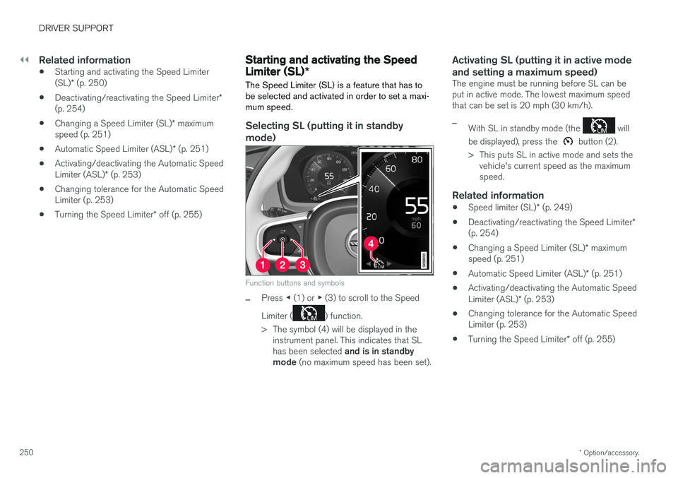 VOLVO V90 CROSS COUNTRY 2017  Owner´s Manual ||
DRIVER SUPPORT
* Option/accessory.
250
Related information
• Starting and activating the Speed Limiter (SL)
* (p. 250)
• Deactivating/reactivating the Speed Limiter
*
(p. 254)
• Changing a Sp