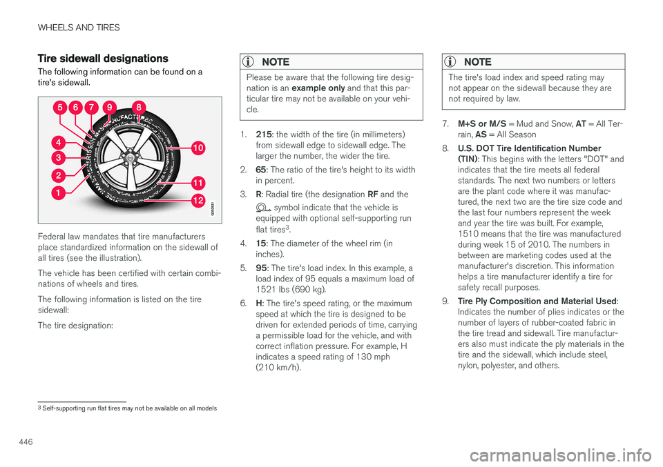 VOLVO V90 CROSS COUNTRY 2017  Owner´s Manual WHEELS AND TIRES
446
Tire sidewall designations
The following information can be found on a tire's sidewall.
Federal law mandates that tire manufacturers place standardized information on the side