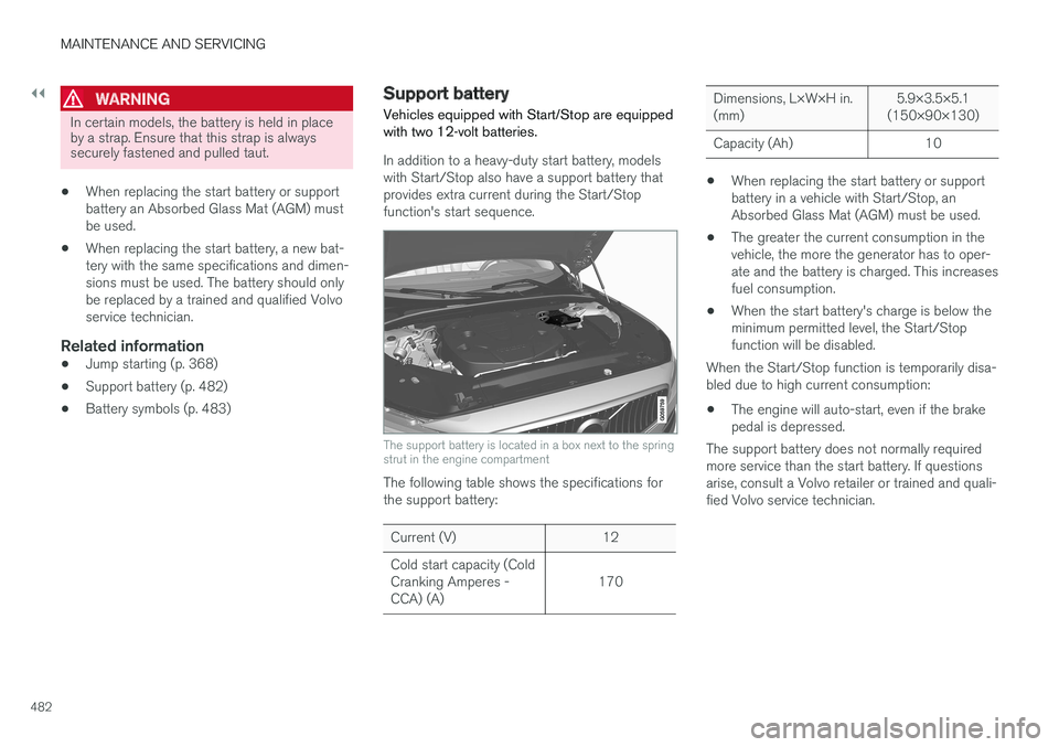VOLVO V90 CROSS COUNTRY 2017 Owner´s Manual ||
MAINTENANCE AND SERVICING
482
WARNING
In certain models, the battery is held in place by a strap. Ensure that this strap is alwayssecurely fastened and pulled taut.
• When replacing the start bat VOLVO V90 CROSS COUNTRY 2017 Owner´s Manual ||
MAINTENANCE AND SERVICING
482
WARNING
In certain models, the battery is held in place by a strap. Ensure that this strap is alwayssecurely fastened and pulled taut.
• When replacing the start bat