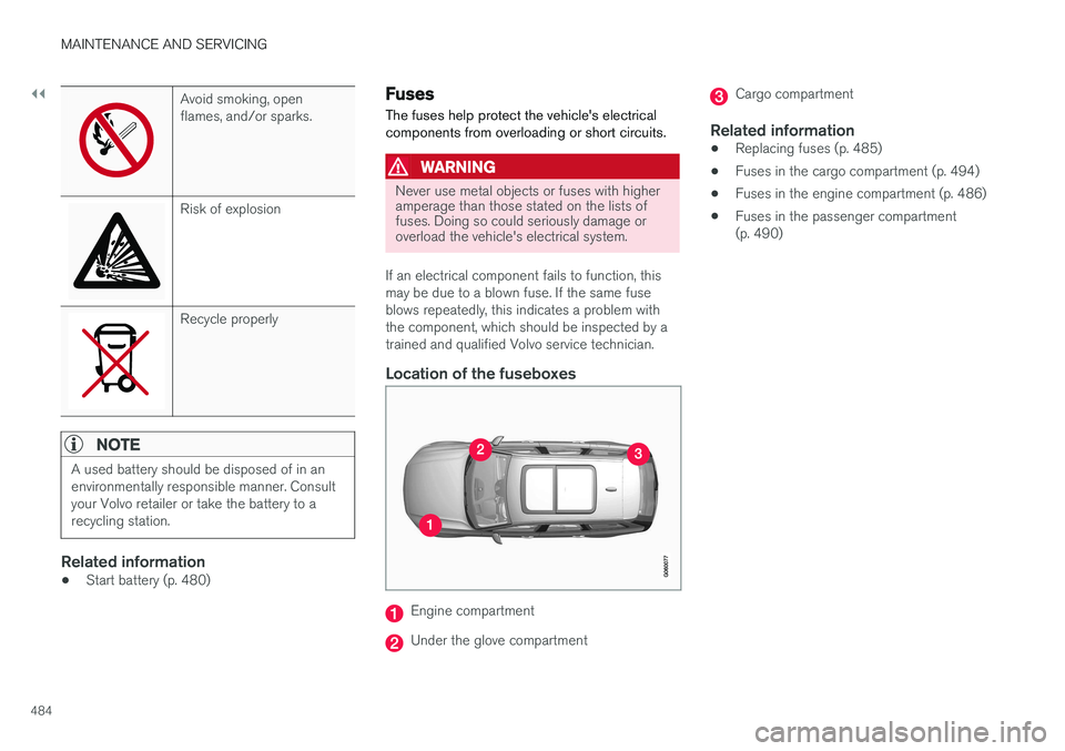 VOLVO V90 CROSS COUNTRY 2017 Owner´s Manual ||
MAINTENANCE AND SERVICING
484
Avoid smoking, open flames, and/or sparks.
Risk of explosion
Recycle properly
NOTE
A used battery should be disposed of in an environmentally responsible manner. Consu VOLVO V90 CROSS COUNTRY 2017 Owner´s Manual ||
MAINTENANCE AND SERVICING
484
Avoid smoking, open flames, and/or sparks.
Risk of explosion
Recycle properly
NOTE
A used battery should be disposed of in an environmentally responsible manner. Consu