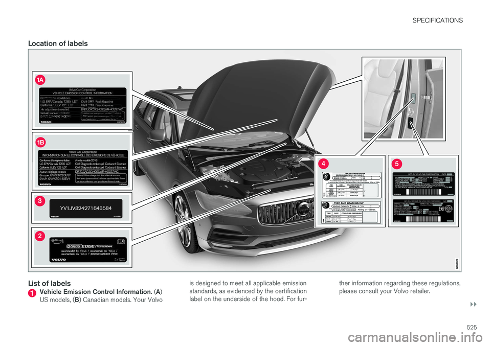 VOLVO V90 CROSS COUNTRY 2017 Owner´s Manual SPECIFICATIONS
}}
525
Location of labels
List of labelsVehicle Emission Control Information. (A )
US models, ( B) Canadian models. Your Volvo is designed to meet all applicable emission standards, as VOLVO V90 CROSS COUNTRY 2017 Owner´s Manual SPECIFICATIONS
}}
525
Location of labels
List of labelsVehicle Emission Control Information. (A )
US models, ( B) Canadian models. Your Volvo is designed to meet all applicable emission standards, as