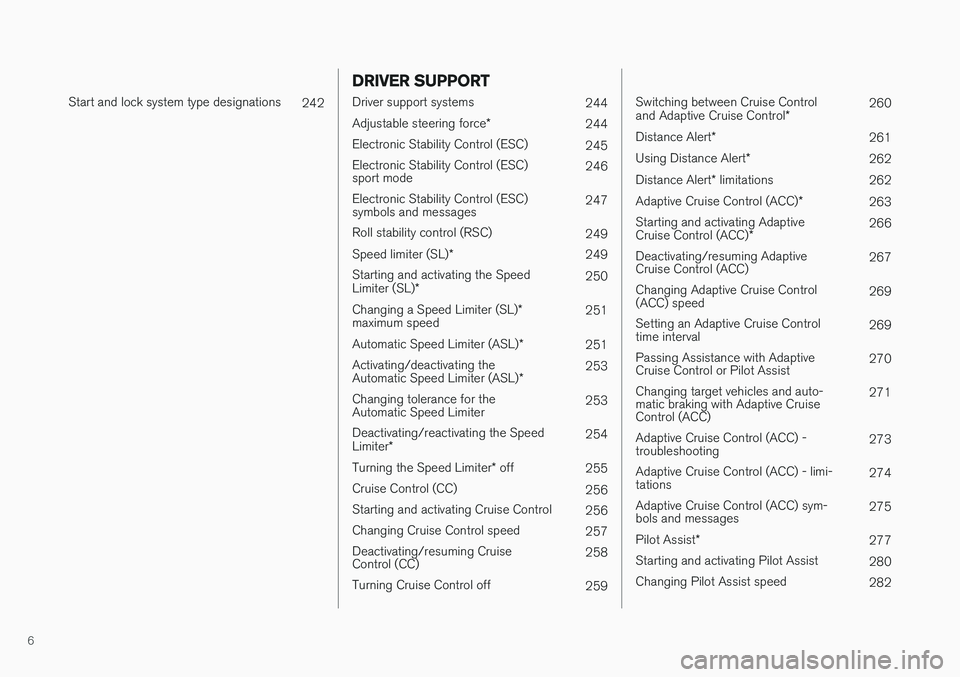VOLVO V90 CROSS COUNTRY 2017  Owner´s Manual 6
 
Start and lock system type designations242
DRIVER SUPPORT
Driver support systems244
Adjustable steering force *
244
Electronic Stability Control (ESC) 245
Electronic Stability Control (ESC) sport 