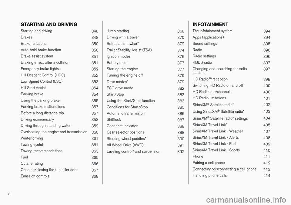 VOLVO V90 CROSS COUNTRY 2017  Owner´s Manual 8
STARTING AND DRIVING
Starting and driving348
Brakes 348
Brake functions 350
Auto-hold brake function 350
Brake assist system 351
Braking effect after a collision 351
Emergency brake lights 352
Hill 
