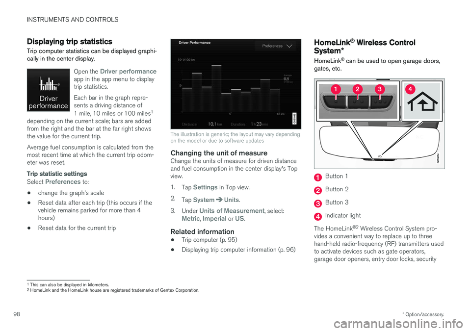 VOLVO V90 CROSS COUNTRY 2017  Owner´s Manual INSTRUMENTS AND CONTROLS
* Option/accessory.
98
Displaying trip statistics Trip computer statistics can be displayed graphi- cally in the center display.
Open the Driver performanceapp in the app menu