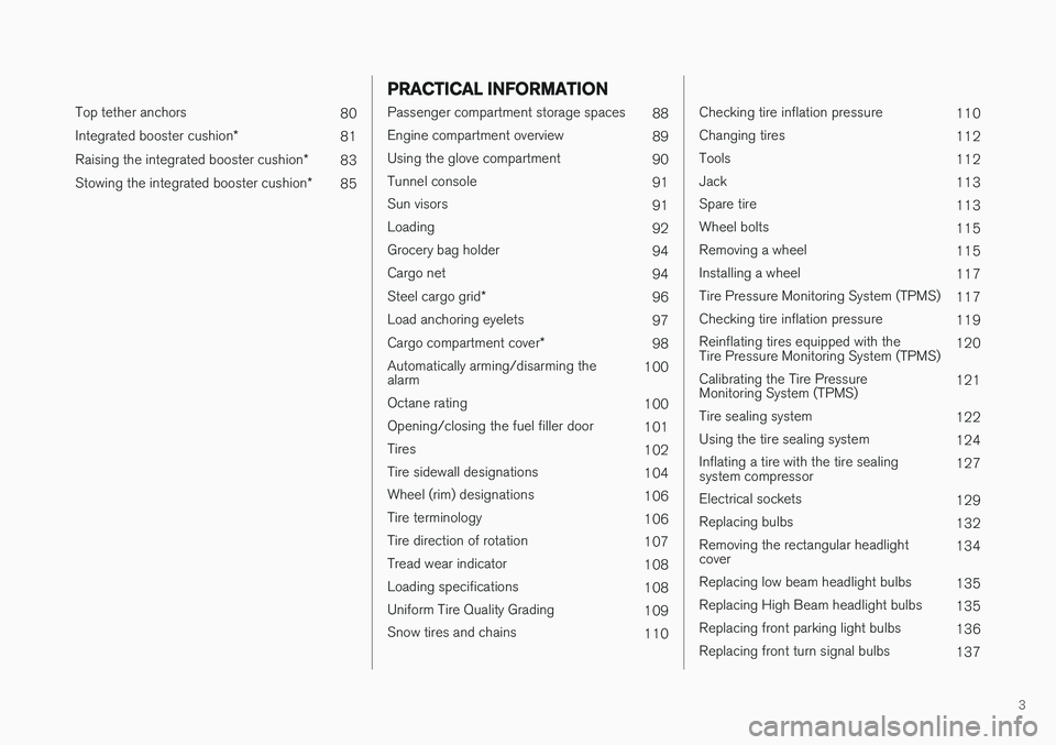 VOLVO V90 CROSS COUNTRY 2017  Quick Guide 3
 
Top tether anchors80
Integrated booster cushion *
81
Raising the integrated booster cushion *
83
Stowing the integrated booster cushion *
85
PRACTICAL INFORMATION
Passenger compartment storage spa