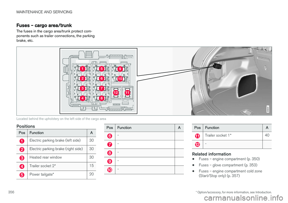 VOLVO XC60 2017  Owner´s Manual MAINTENANCE AND SERVICING
* Option/accessory, for more information, see Introduction.
356
Fuses – cargo area/trunk The fuses in the cargo area/trunk protect com- ponents such as trailer connections,