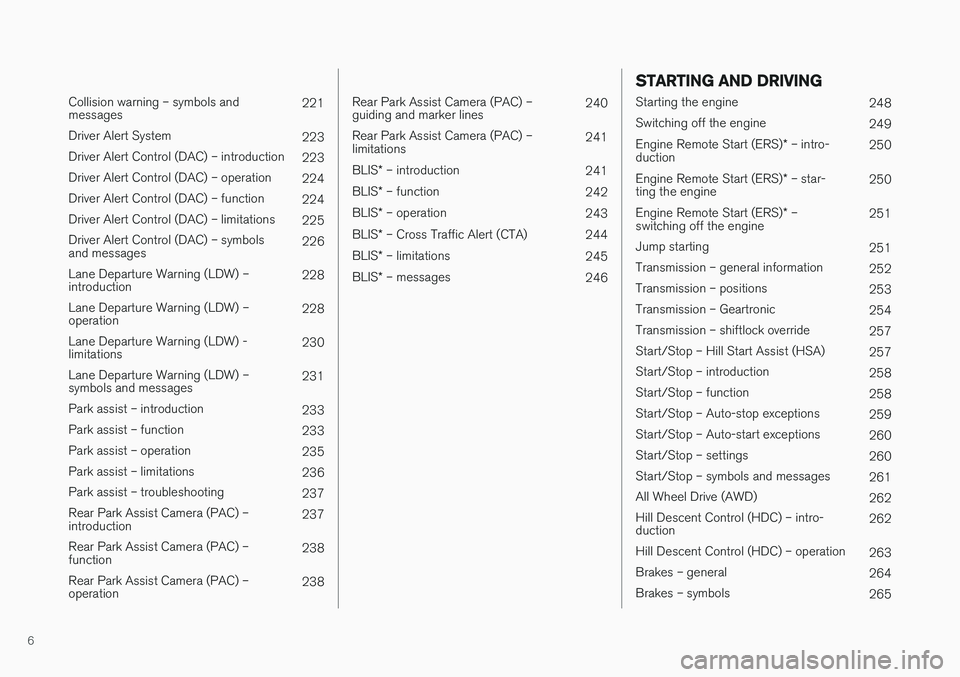 VOLVO XC60 2017  Owner´s Manual 6
 
Collision warning – symbols and messages221
Driver Alert System 223
Driver Alert Control (DAC) – introduction 223
Driver Alert Control (DAC) – operation 224
Driver Alert Control (DAC) – fu