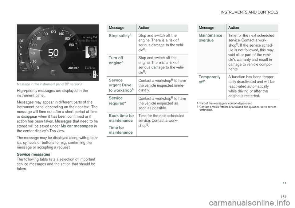 VOLVO XC90 2017  Owner´s Manual INSTRUMENTS AND CONTROLS
}}
151
Message in the instrument panel (8" version)
High-priority messages are displayed in the instrument panel. Messages may appear in different parts of the instrument 
