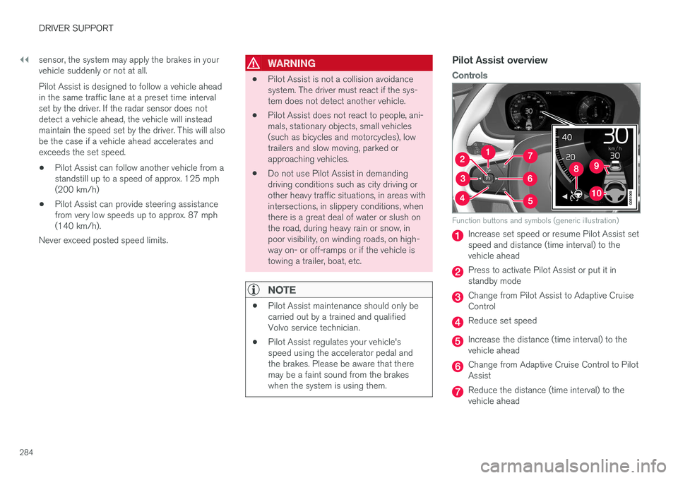 VOLVO XC90 2017 Owner´s Manual ||
DRIVER SUPPORT
284sensor, the system may apply the brakes in your vehicle suddenly or not at all. Pilot Assist is designed to follow a vehicle ahead in the same traffic lane at a preset time interv VOLVO XC90 2017 Owner´s Manual ||
DRIVER SUPPORT
284sensor, the system may apply the brakes in your vehicle suddenly or not at all. Pilot Assist is designed to follow a vehicle ahead in the same traffic lane at a preset time interv