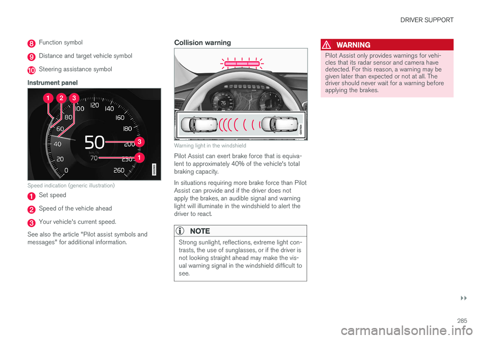 VOLVO XC90 2017  Owner´s Manual DRIVER SUPPORT
}}
285
Function symbol
Distance and target vehicle symbol
Steering assistance symbol
Instrument panel
Speed indication (generic illustration)
Set speed
Speed of the vehicle ahead
Your v