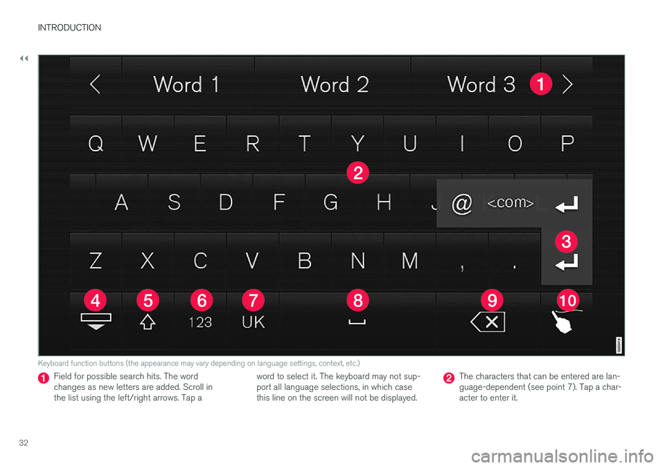 VOLVO XC90 2017 Owner´s Manual ||
INTRODUCTION
32
Keyboard function buttons (the appearance may vary depending on language settings, context, etc.)
Field for possible search hits. The word changes as new letters are added. Scroll i VOLVO XC90 2017 Owner´s Manual ||
INTRODUCTION
32
Keyboard function buttons (the appearance may vary depending on language settings, context, etc.)
Field for possible search hits. The word changes as new letters are added. Scroll i