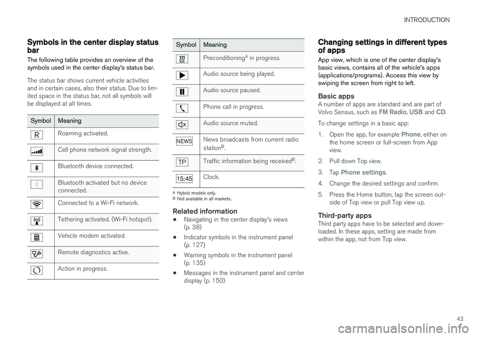 VOLVO XC90 2017  Owner´s Manual INTRODUCTION
43
Symbols in the center display status bar
The following table provides an overview of the symbols used in the center display's status bar.
The status bar shows current vehicle activ