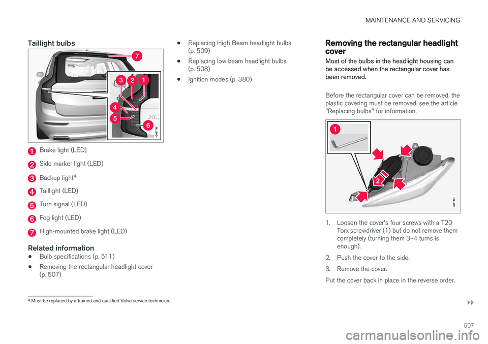 VOLVO XC90 2017 Owner´s Manual MAINTENANCE AND SERVICING
}}
507
Taillight bulbs
Brake light (LED)
Side marker light (LED)
Backup light4
Taillight (LED)
Turn signal (LED)
Fog light (LED)
High-mounted brake light (LED)
Related inform VOLVO XC90 2017 Owner´s Manual MAINTENANCE AND SERVICING
}}
507
Taillight bulbs
Brake light (LED)
Side marker light (LED)
Backup light4
Taillight (LED)
Turn signal (LED)
Fog light (LED)
High-mounted brake light (LED)
Related inform